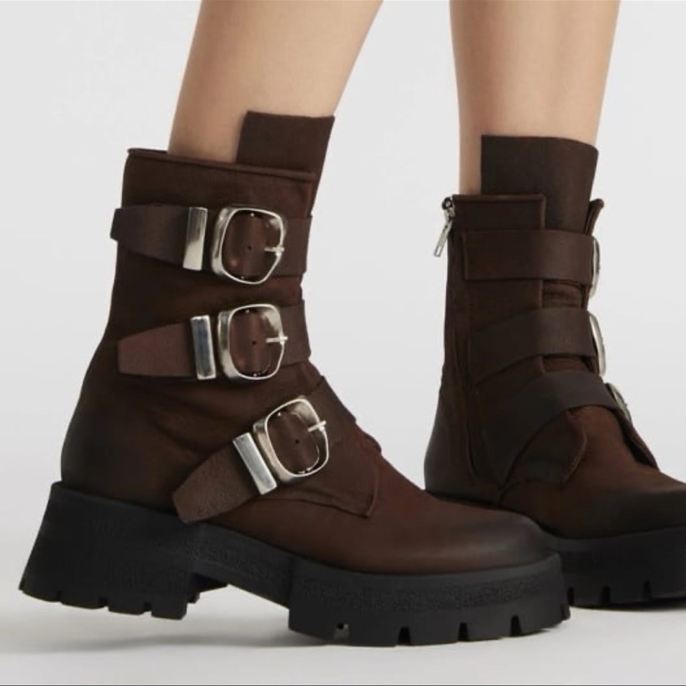 Steve Madden Roland Silver Brown Leather Chunky Buckle Combat Boots Y2K Platform